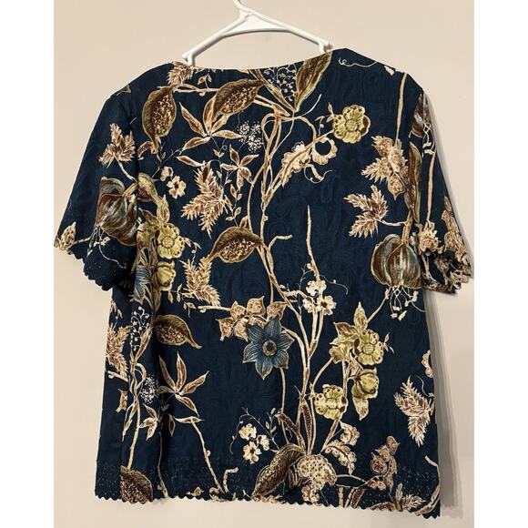 Chance R Floral Lace Trim Short Sleeve Blouse Top Women’s Size L Multicolor Boho - Picture 5 of 5